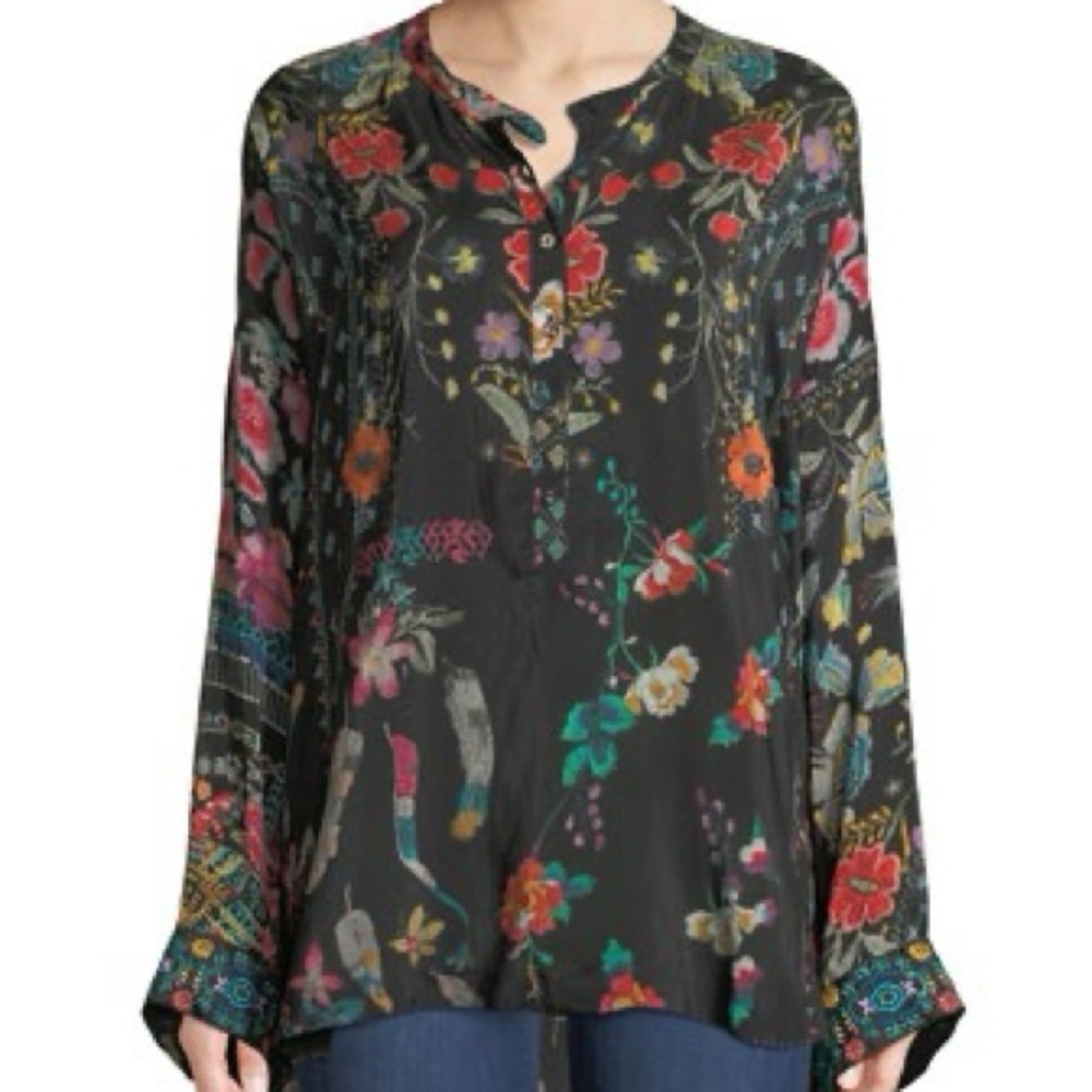 Johnny Was Ellamo Floral-Print Black Boxy Long Sleeve Top Cupra Rayon Small NWOT